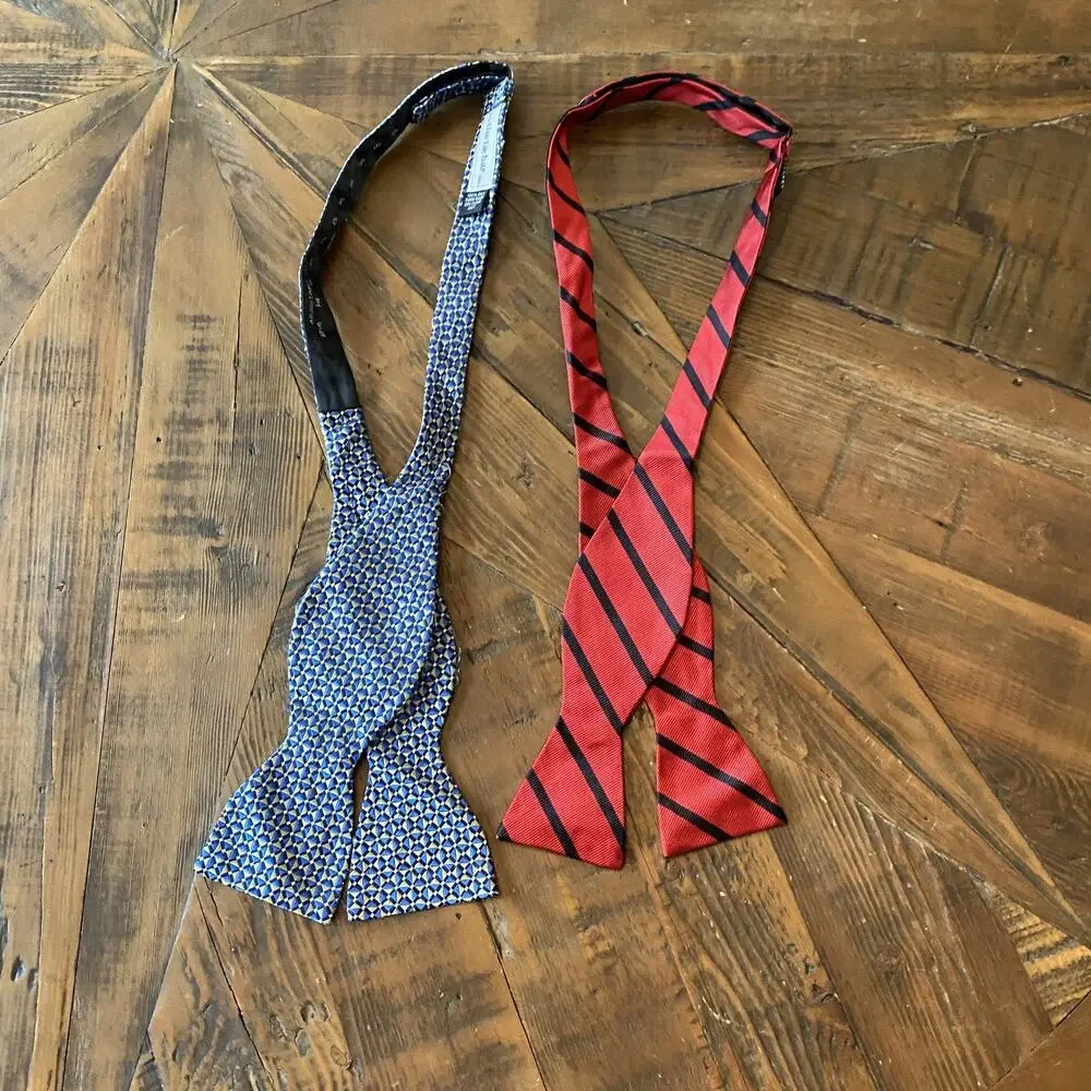 2pc Bow Tie Mens Adjustable Blue preppy wedding Red Stripe 100% Silk Prom Formal